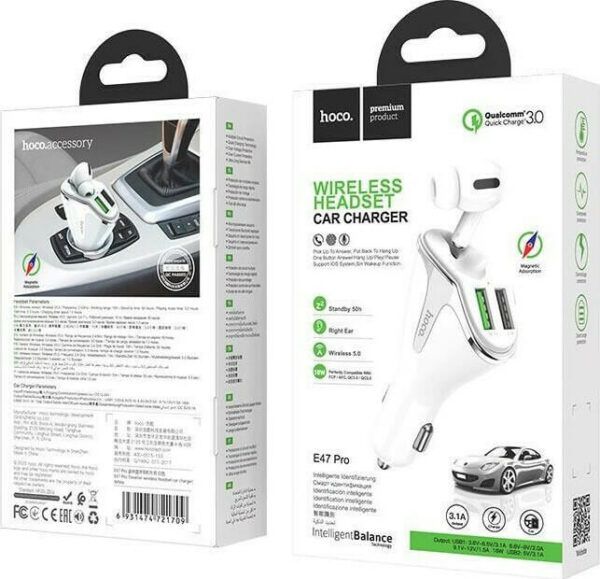 HOCO E47 Car charger with wireless headset, White